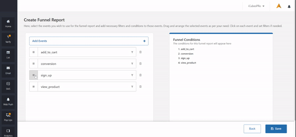 Arranging funnel events in order (gif)